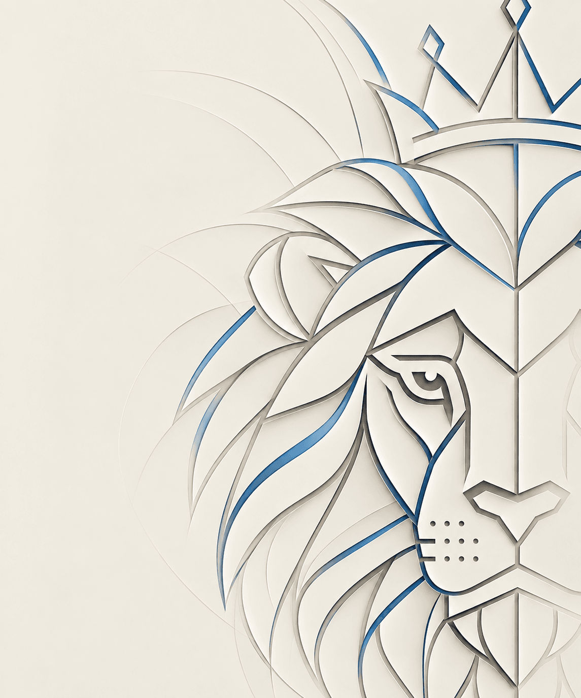 Crowned lion line artwork with blue accents on an ivory background.
